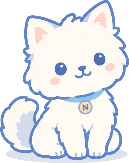 Nugget, a fluffy white puppy-kitten, smiling